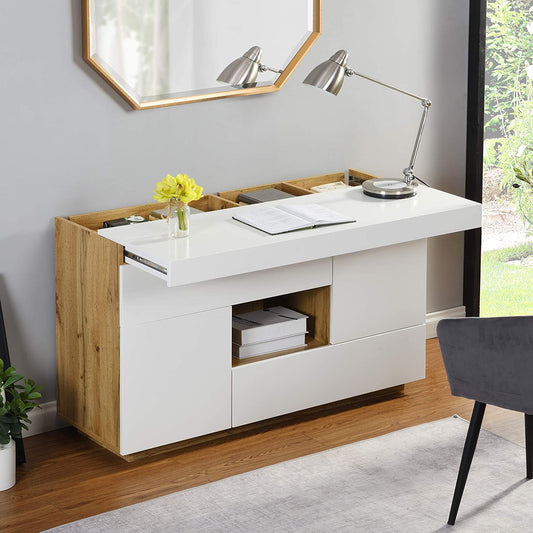 Bureau ou buffet 2 en 1 Yukon blanc brillant avec plateau extensible