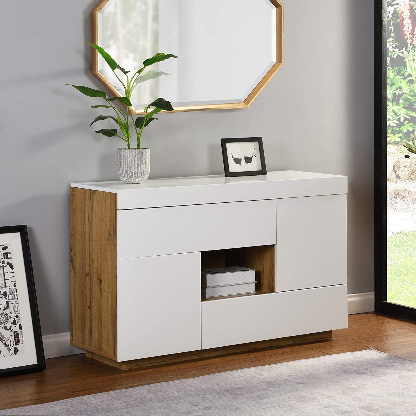 Bureau ou buffet 2 en 1 Yukon blanc brillant avec plateau extensible