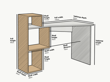 Bureau Mason blanc brillant avec étagères effet chêne