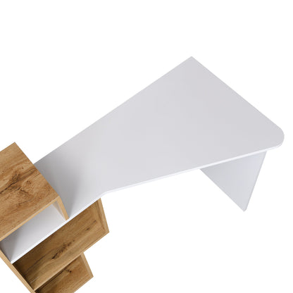 Bureau Mason blanc brillant avec étagères effet chêne