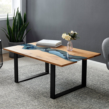 Table basse effet rivière Kelonwa en chêne massif et verre encastré