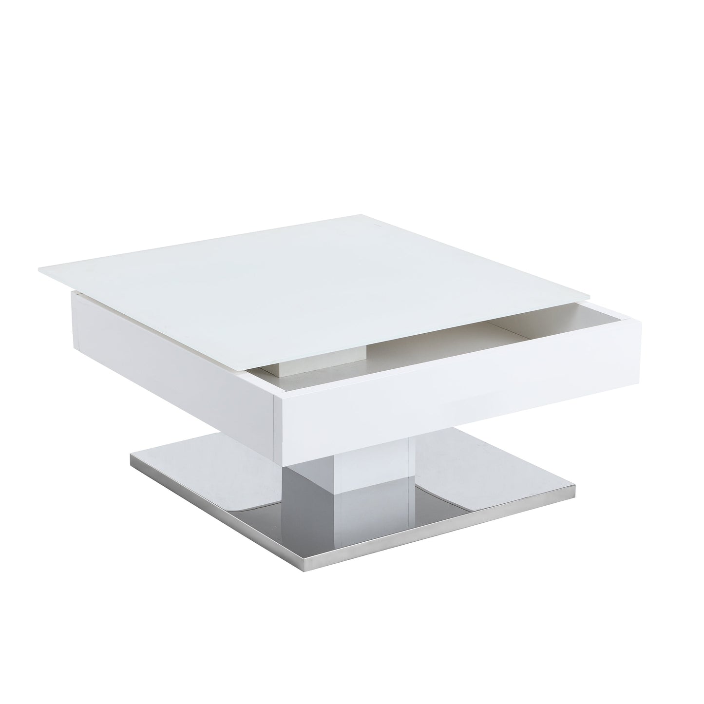 Table basse pivotante Finch blanche avec plateau en verre dépoli et base en acier inoxydable