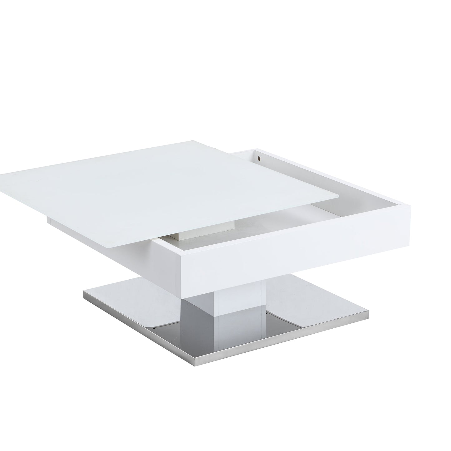 Table basse pivotante Finch blanche avec plateau en verre dépoli et base en acier inoxydable