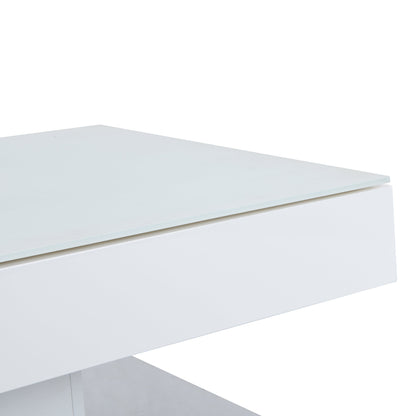 Table basse pivotante Finch blanche avec plateau en verre dépoli et base en acier inoxydable