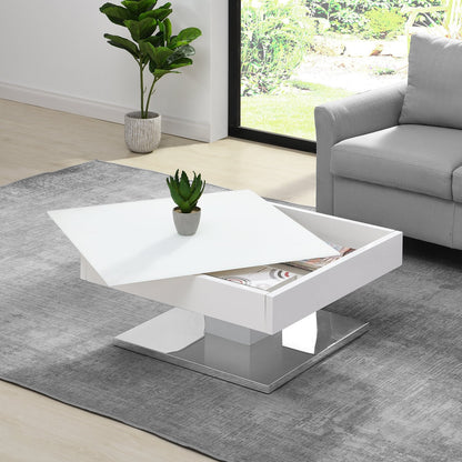 Table basse pivotante Finch blanche avec plateau en verre dépoli et base en acier inoxydable