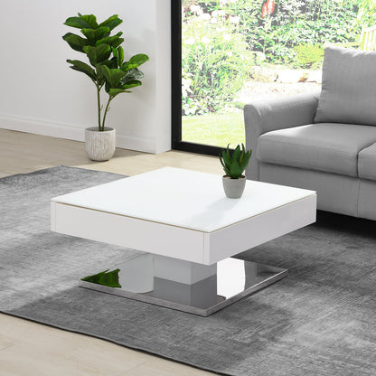 Table basse pivotante Finch blanche avec plateau en verre dépoli et base en acier inoxydable