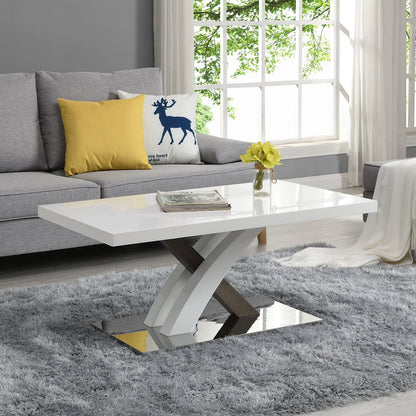 Table basse Basel blanche brillante avec base en acier inoxydable