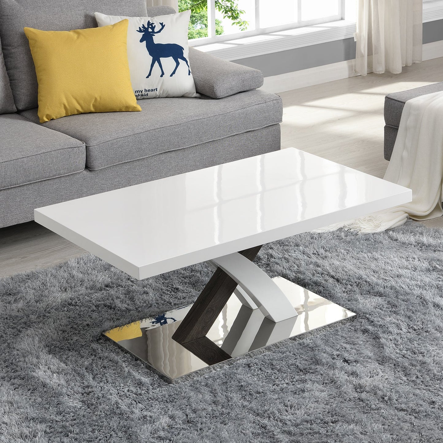 Table basse Basel blanche brillante avec base en acier inoxydable