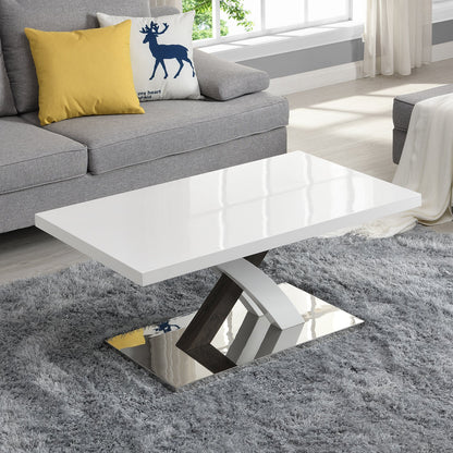 Table basse Basel blanche brillante avec base en acier inoxydable