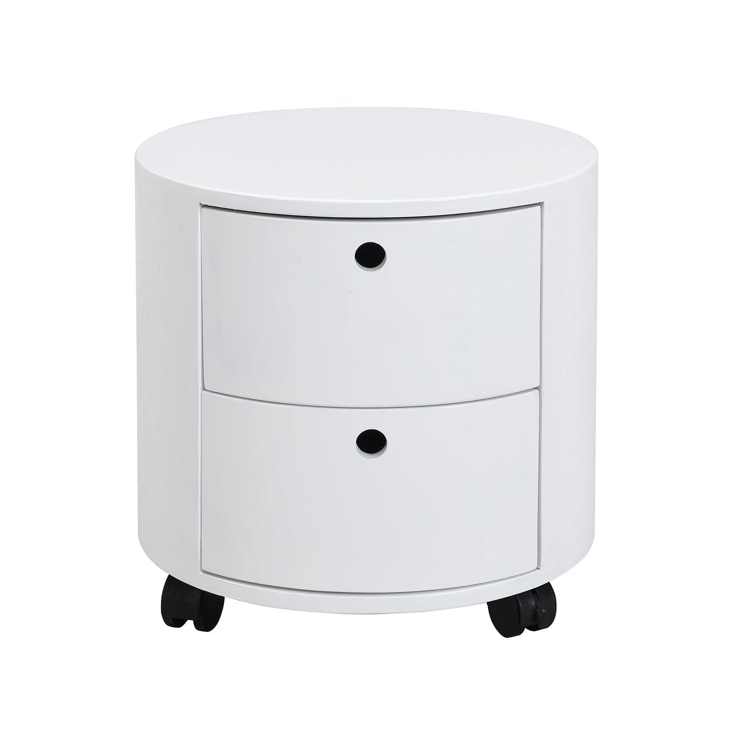 Table de chevet DOLIO Drum Chest, table d'appoint tonneau avec tiroirs blanc brillant 2 tiroirs