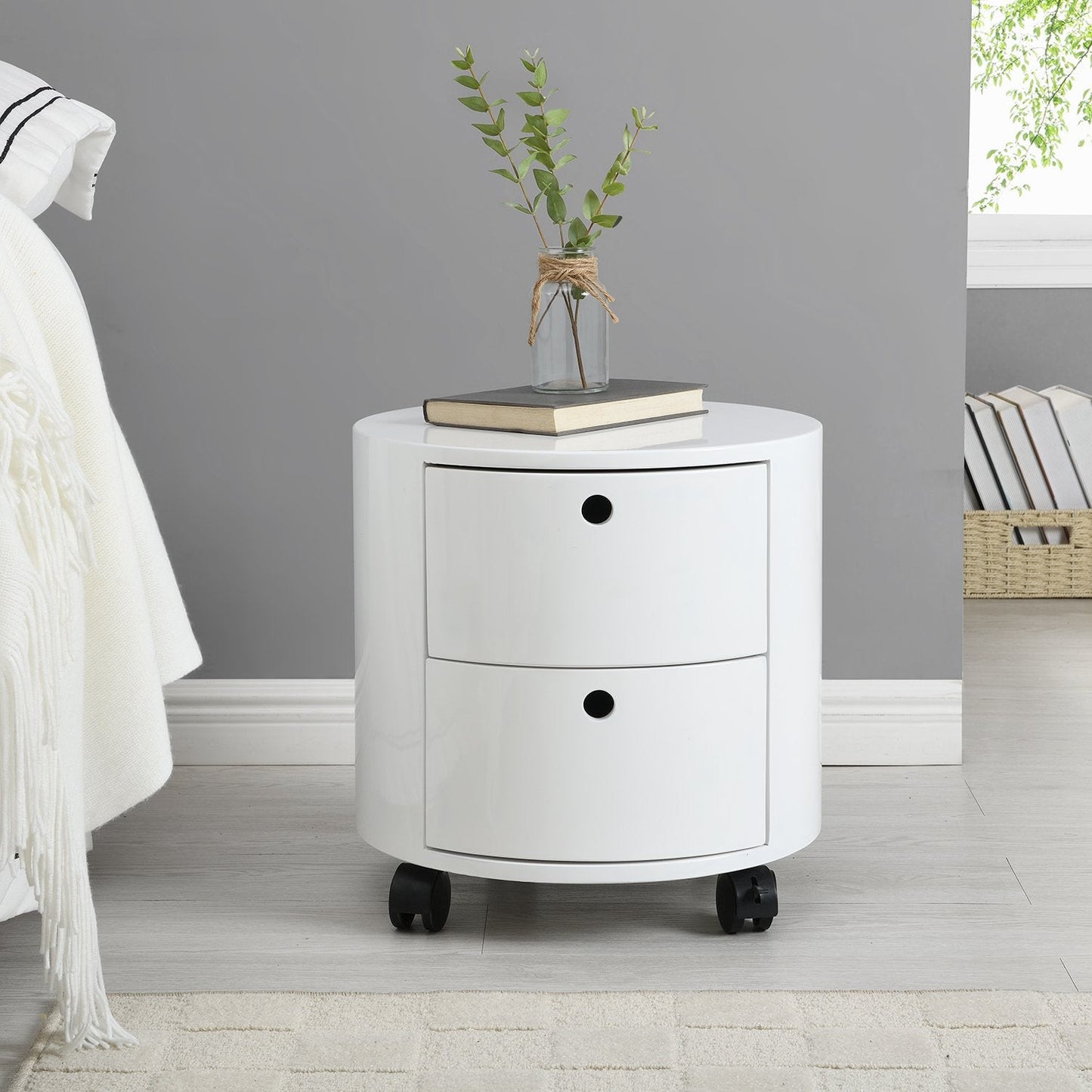Table de chevet DOLIO Drum Chest, table d'appoint tonneau avec tiroirs blanc brillant 2 tiroirs