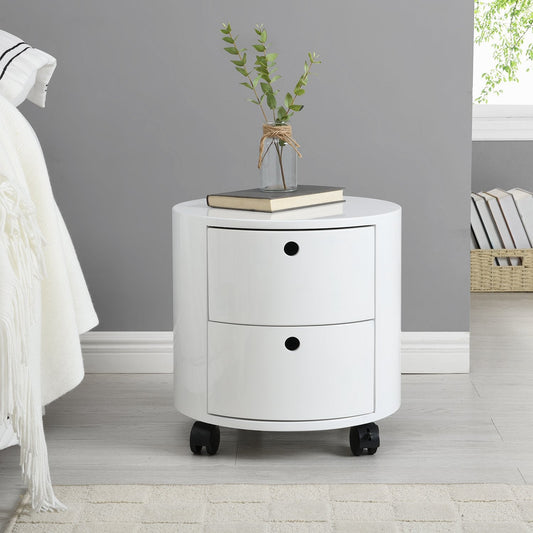Table de chevet DOLIO Drum Chest, table d'appoint tonneau avec tiroirs blanc brillant 2 tiroirs