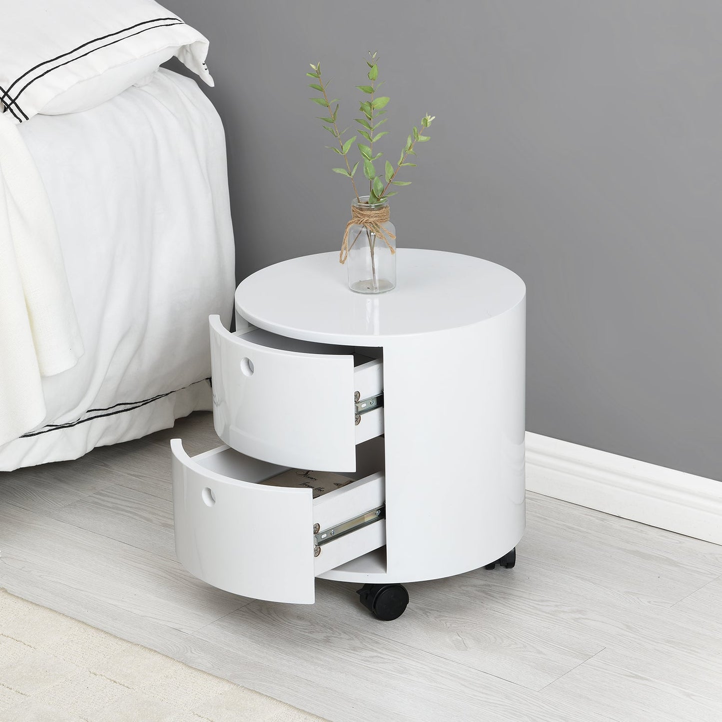Table de chevet DOLIO Drum Chest, table d'appoint tonneau avec tiroirs blanc brillant 2 tiroirs