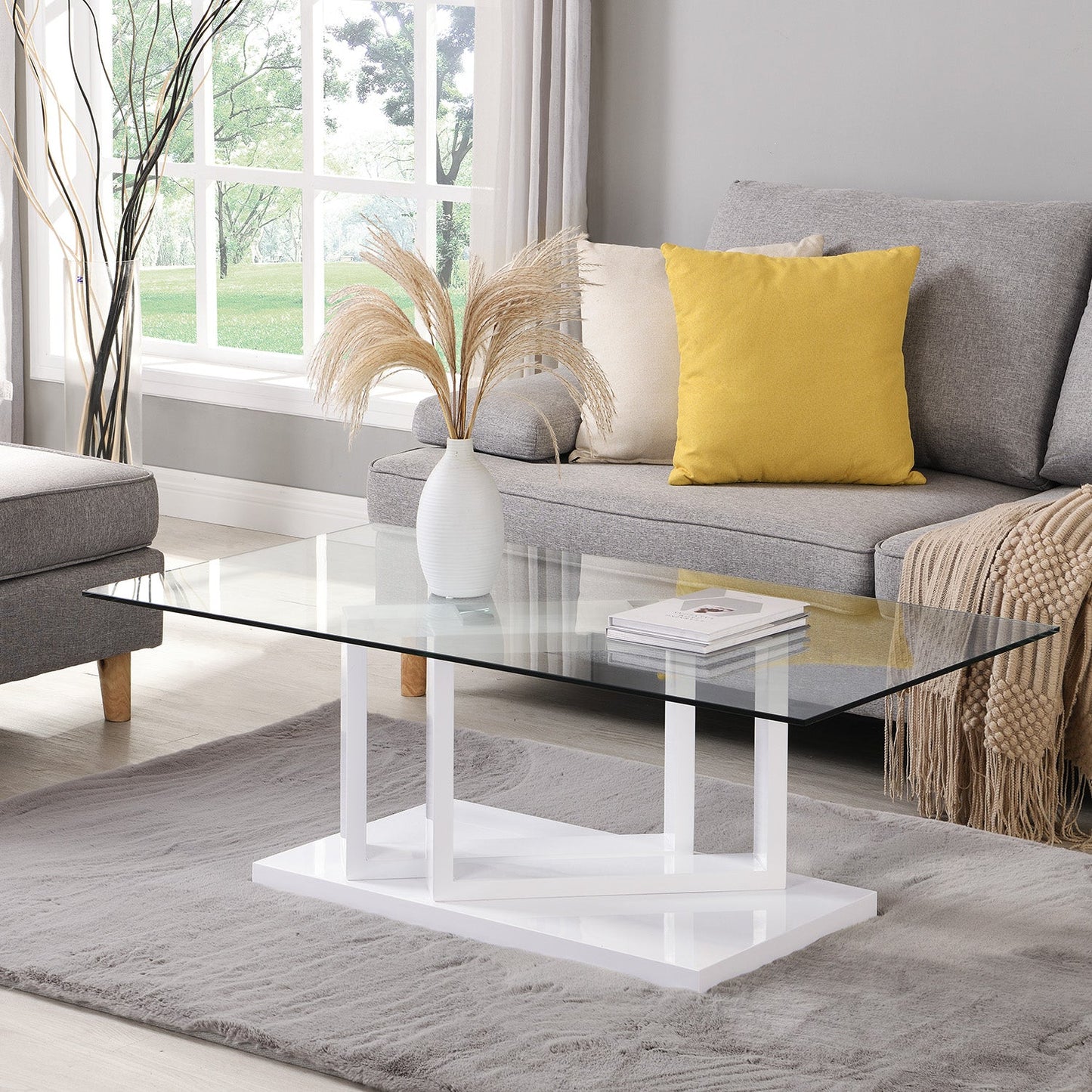 Table basse Lucent blanche brillante avec plateau en verre