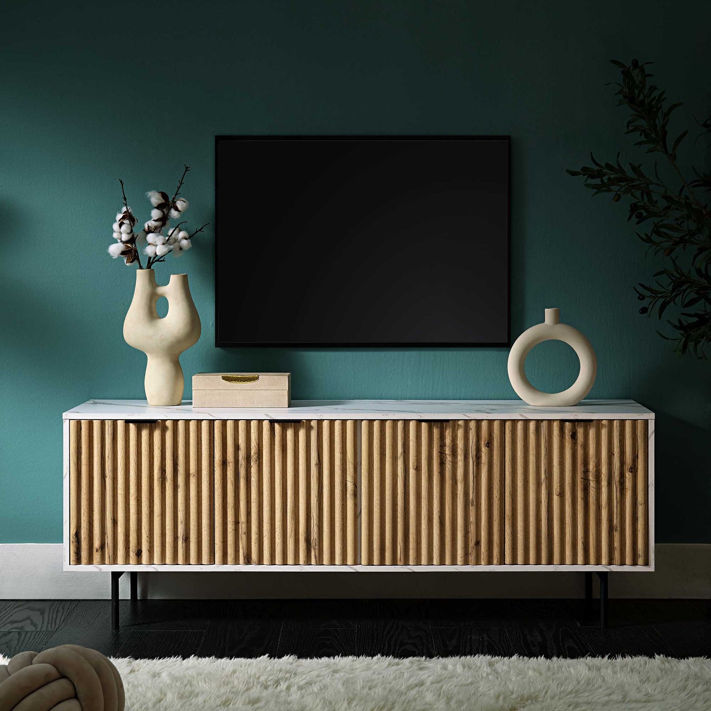 Meuble TV effet chêne Aspen et marbre 150 cm de large