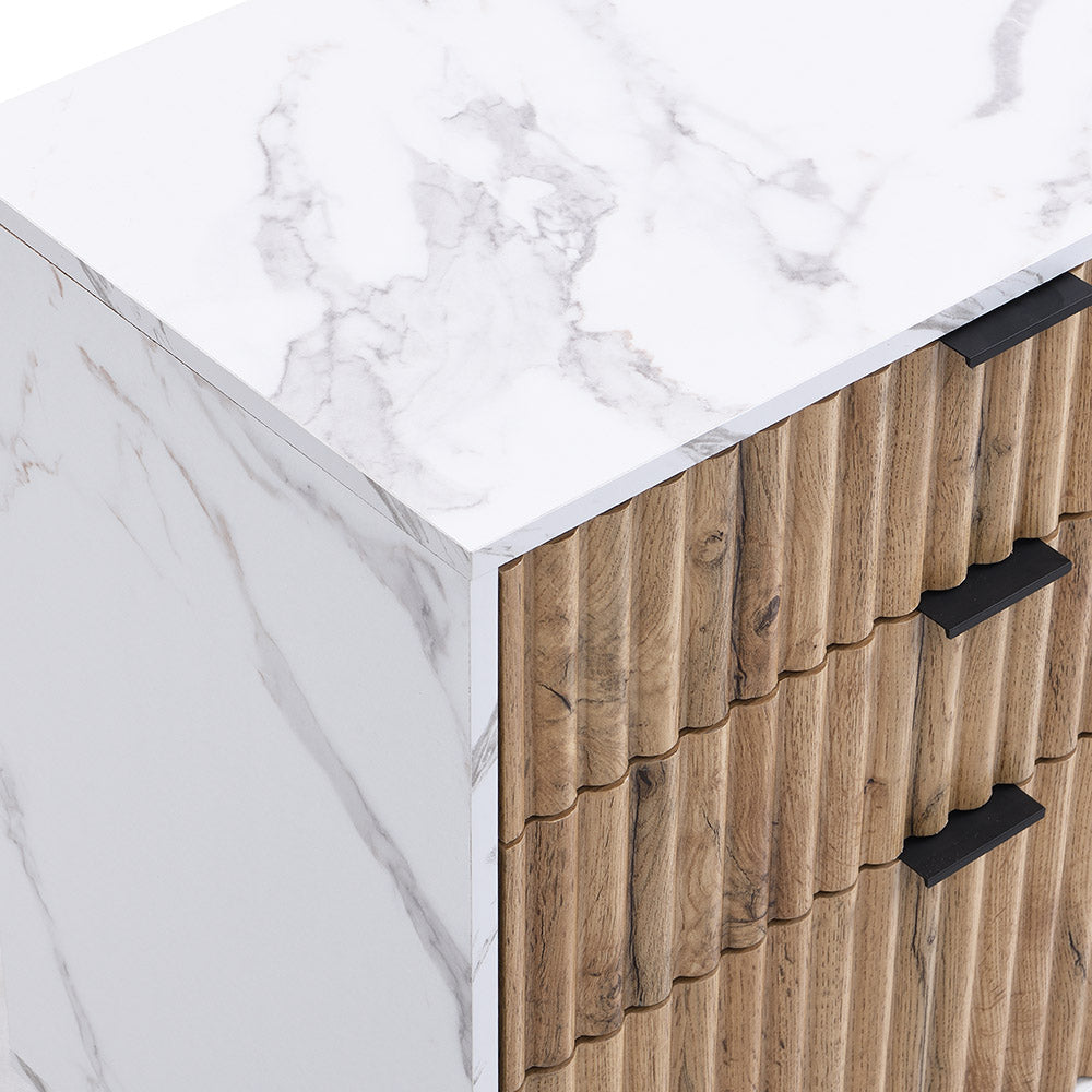 Commode 6 tiroirs effet chêne tremble et marbre