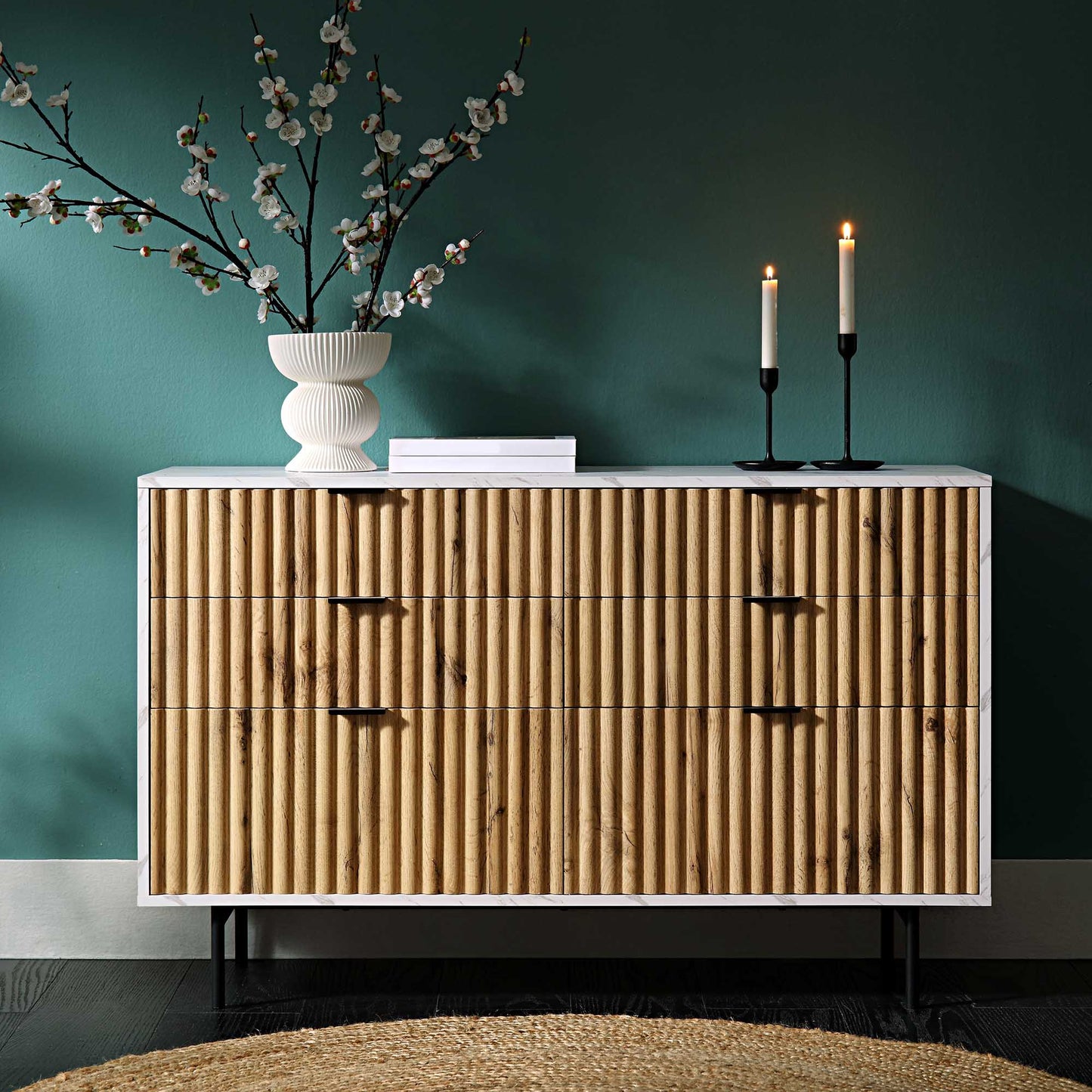 Commode 6 tiroirs effet chêne tremble et marbre