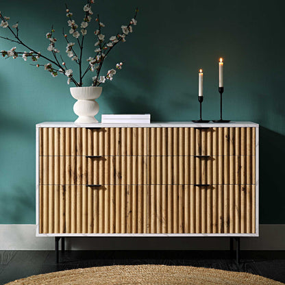 Commode 6 tiroirs effet chêne tremble et marbre