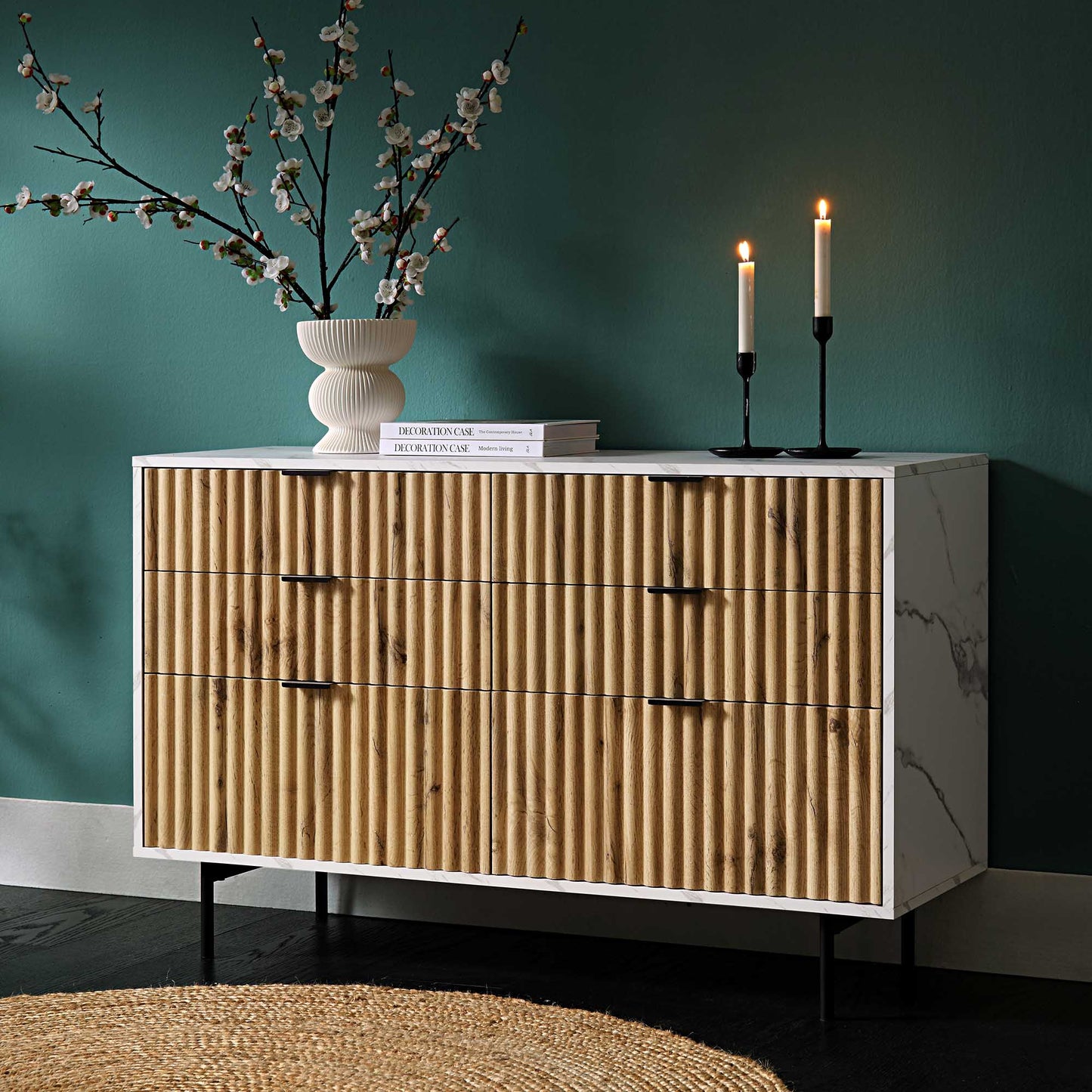 Commode 6 tiroirs effet chêne tremble et marbre