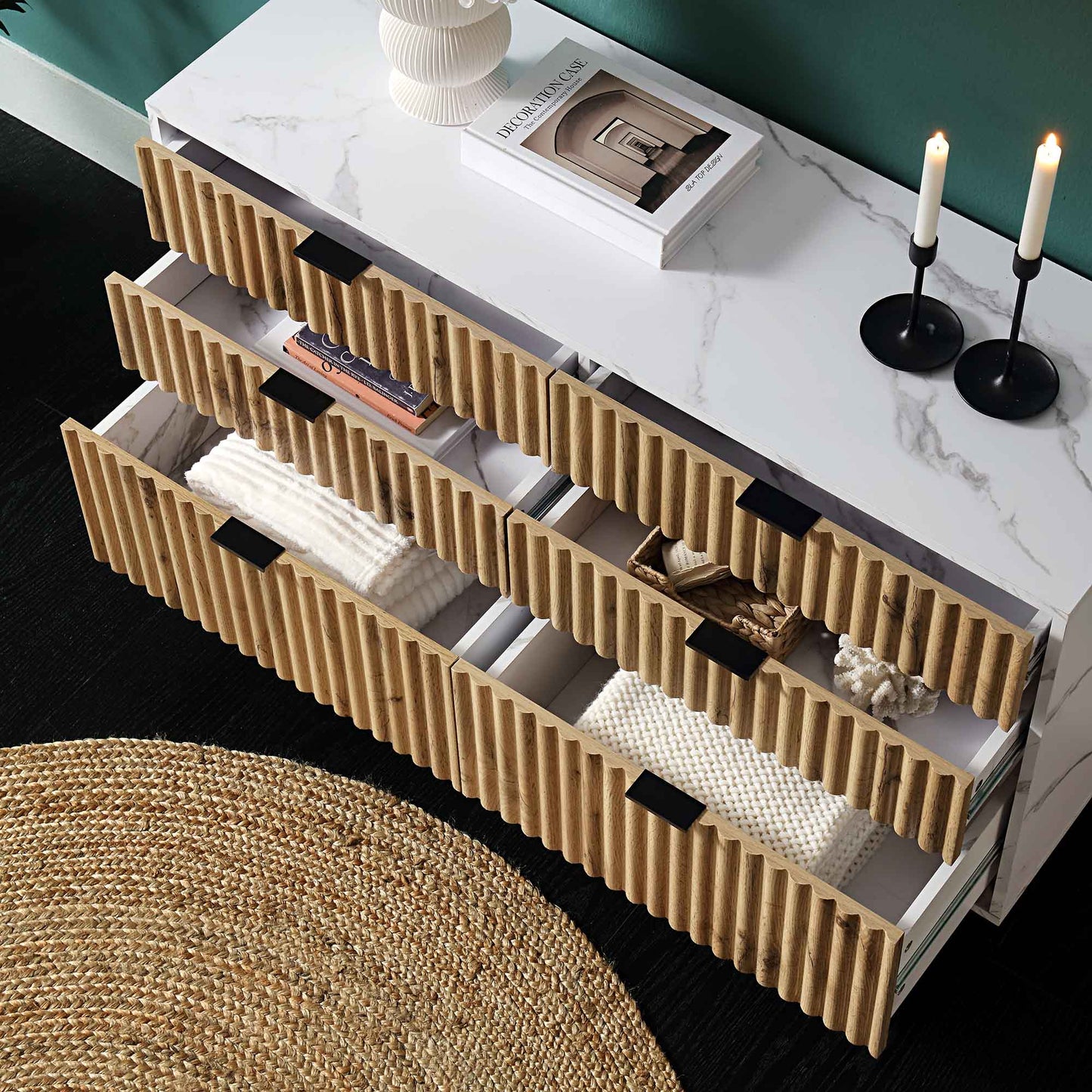 Commode 6 tiroirs effet chêne tremble et marbre