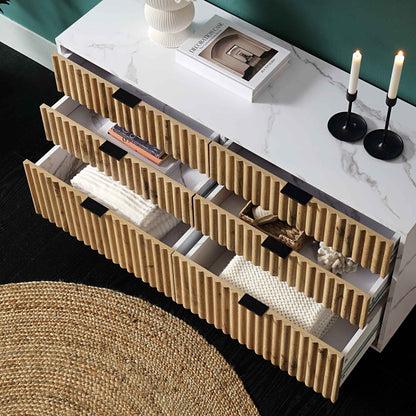 Commode 6 tiroirs effet chêne tremble et marbre