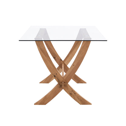 Table à manger rectangulaire Lugano 160 cm avec plateau en verre et pieds en chêne massif