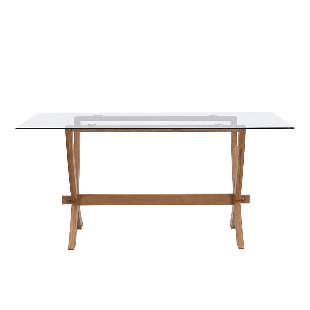 Table à manger rectangulaire Lugano 160 cm avec plateau en verre et pieds en chêne massif