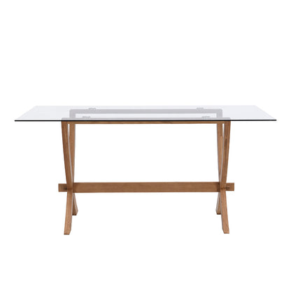 Table à manger rectangulaire Lugano 160 cm avec plateau en verre et pieds en chêne massif