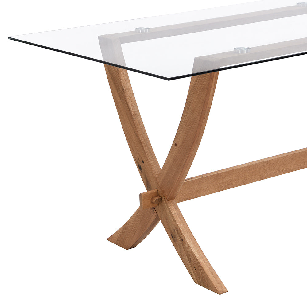 Table à manger rectangulaire Lugano 160 cm avec plateau en verre et pieds en chêne massif