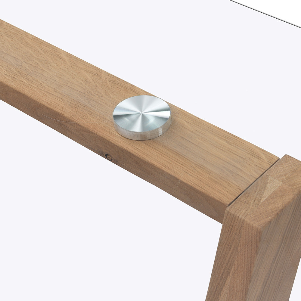 Table à manger rectangulaire Lugano 160 cm avec plateau en verre et pieds en chêne massif