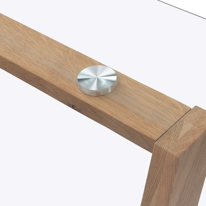 Table à manger rectangulaire Lugano 160 cm avec plateau en verre et pieds en chêne massif