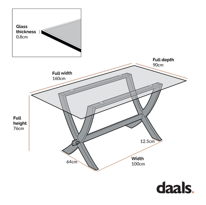 Table à manger rectangulaire Lugano 160 cm avec plateau en verre et pieds en chêne massif