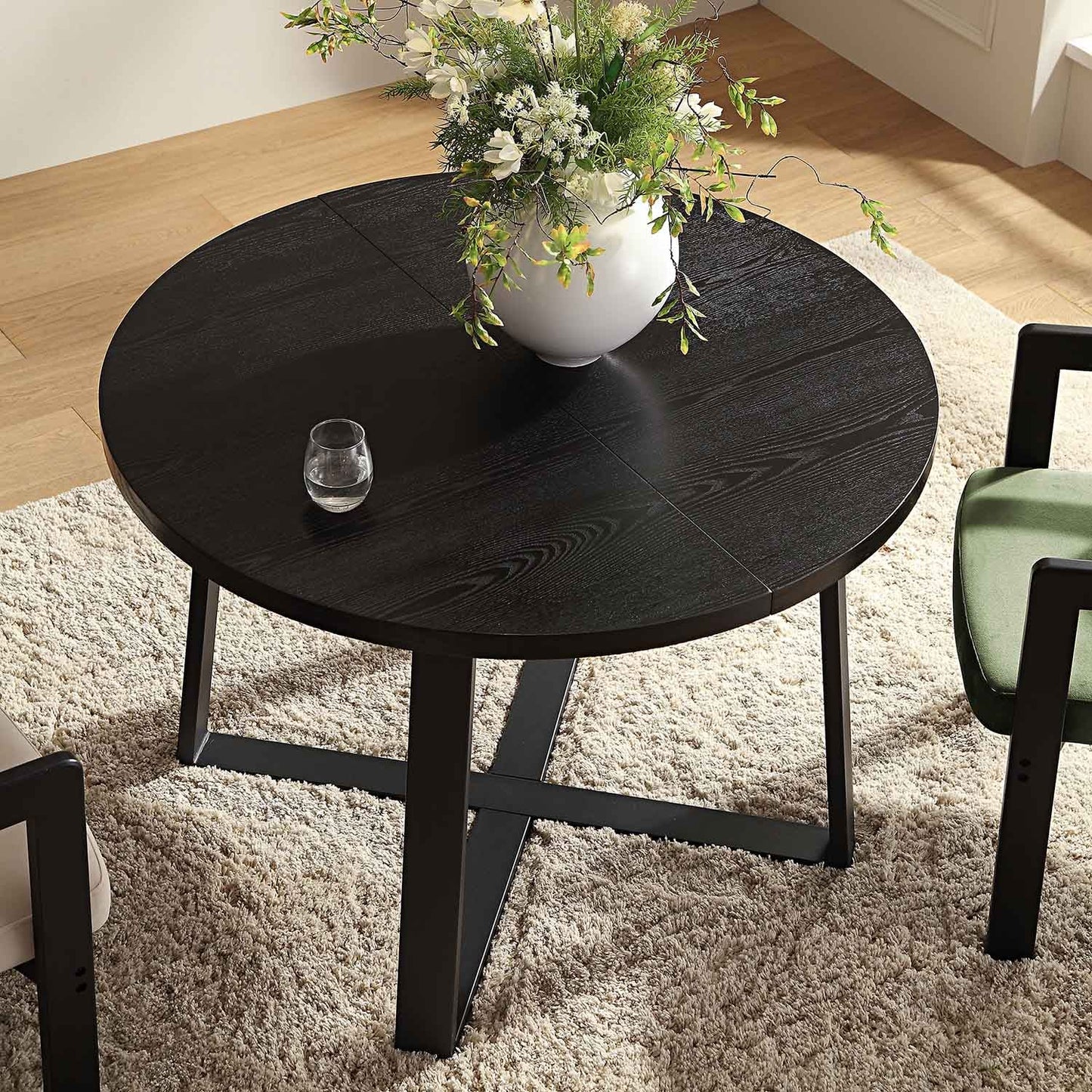 Table à manger ronde extensible BERN avec pieds en métal, noire
