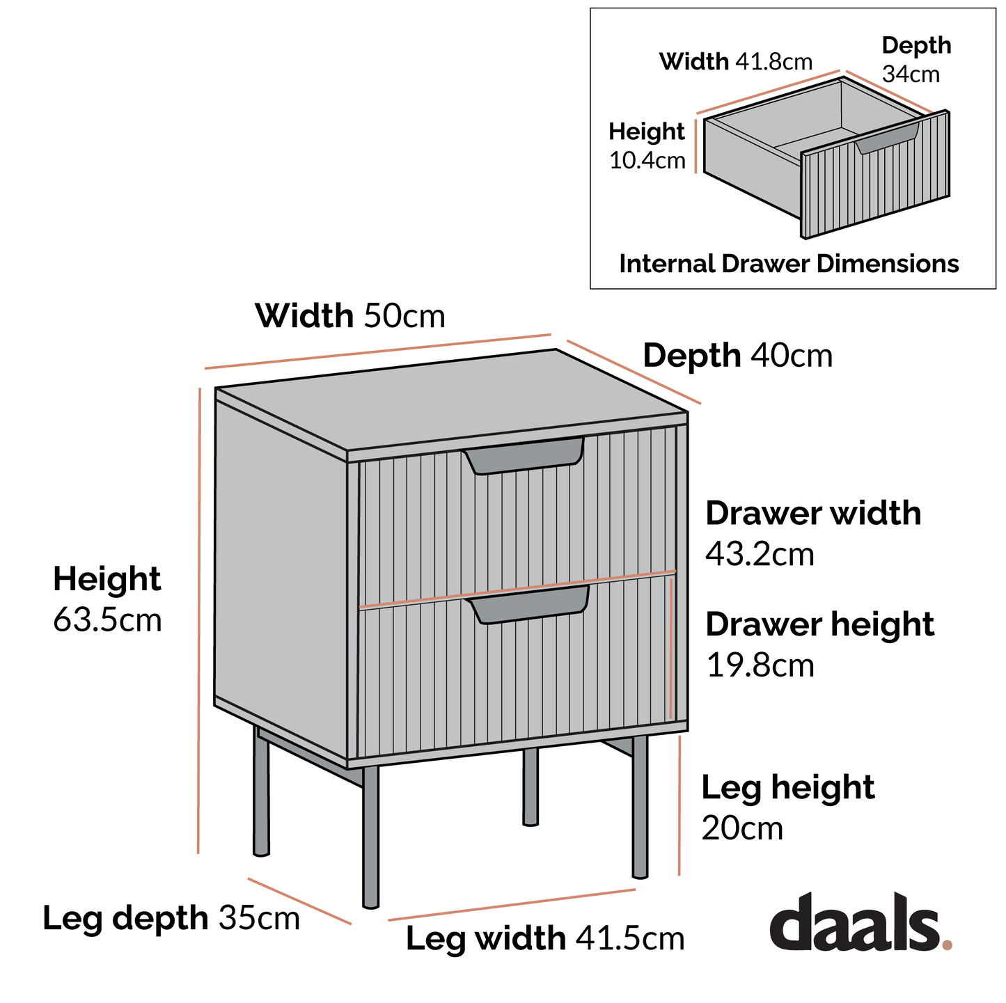 Table de chevet Richmond Ridged à 2 tiroirs, taupe mat