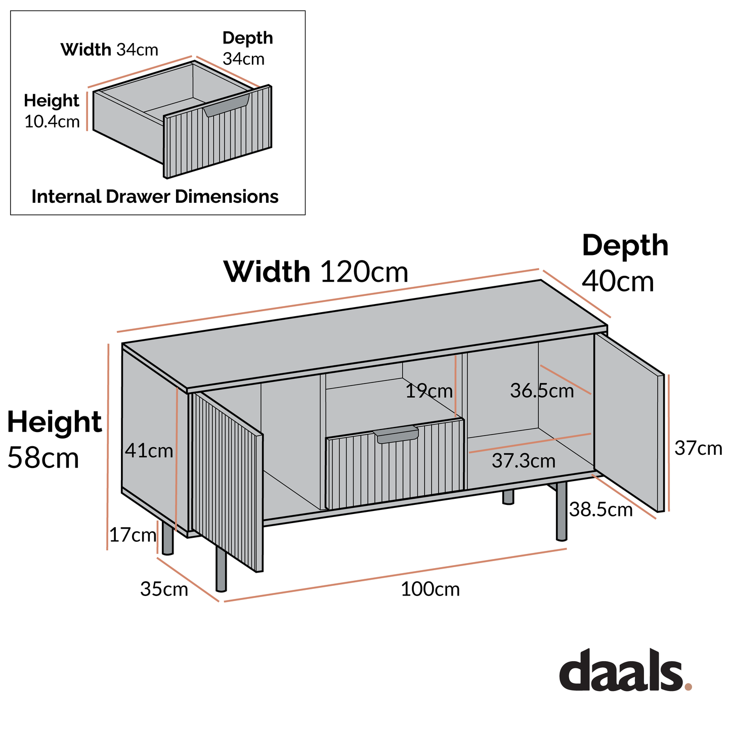 Meuble TV Richmond Ridged 120 cm de large, frêne foncé