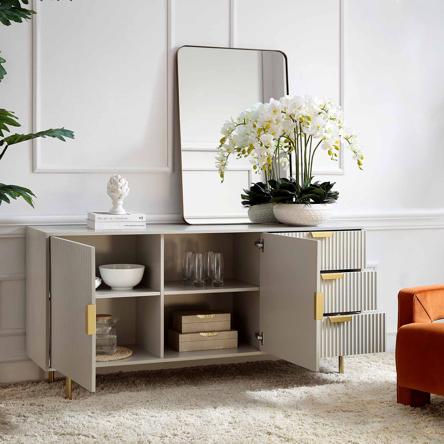 Grand buffet strié Richmond, taupe mat