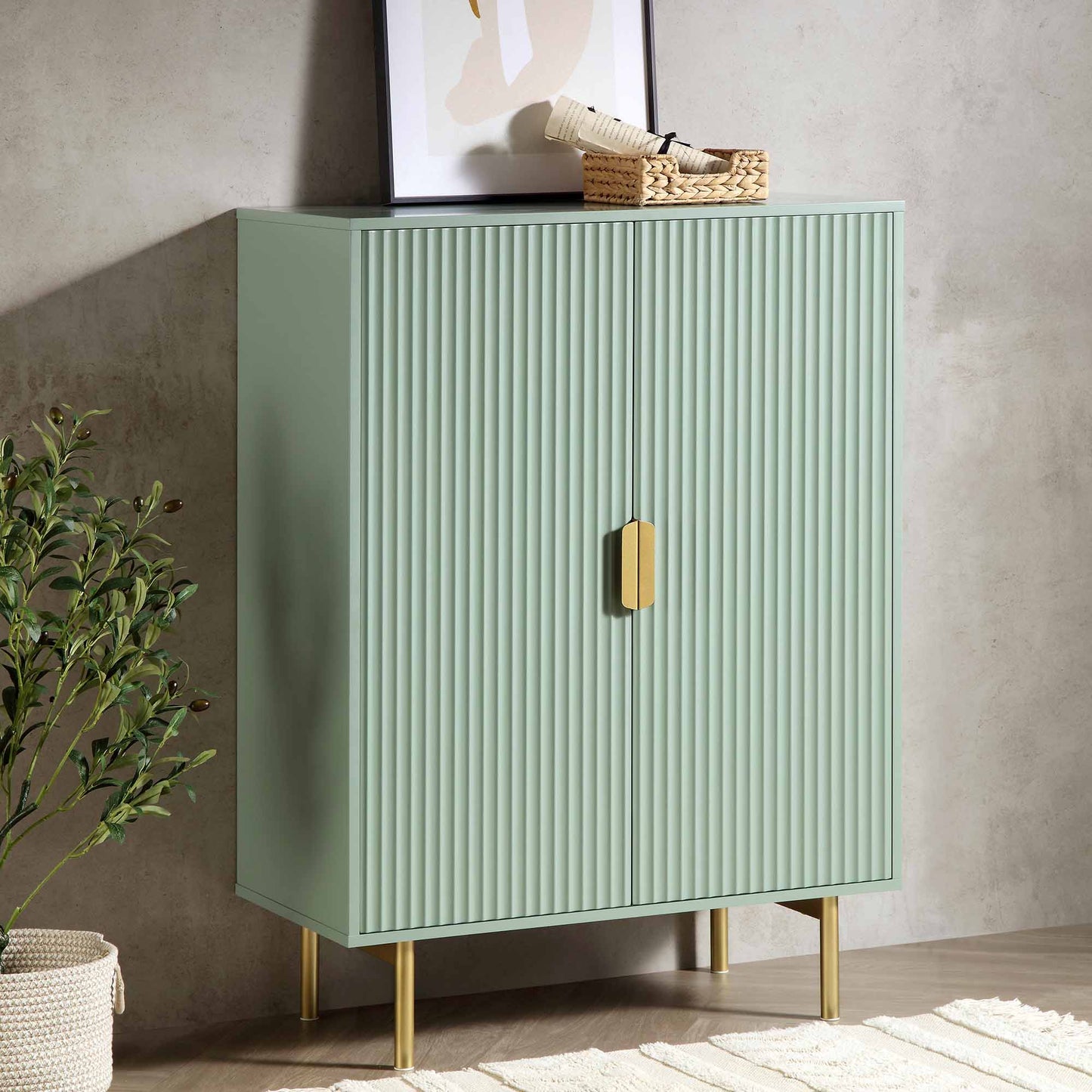 Meuble de rangement Richmond Ridged Highboard, vert sauge mat