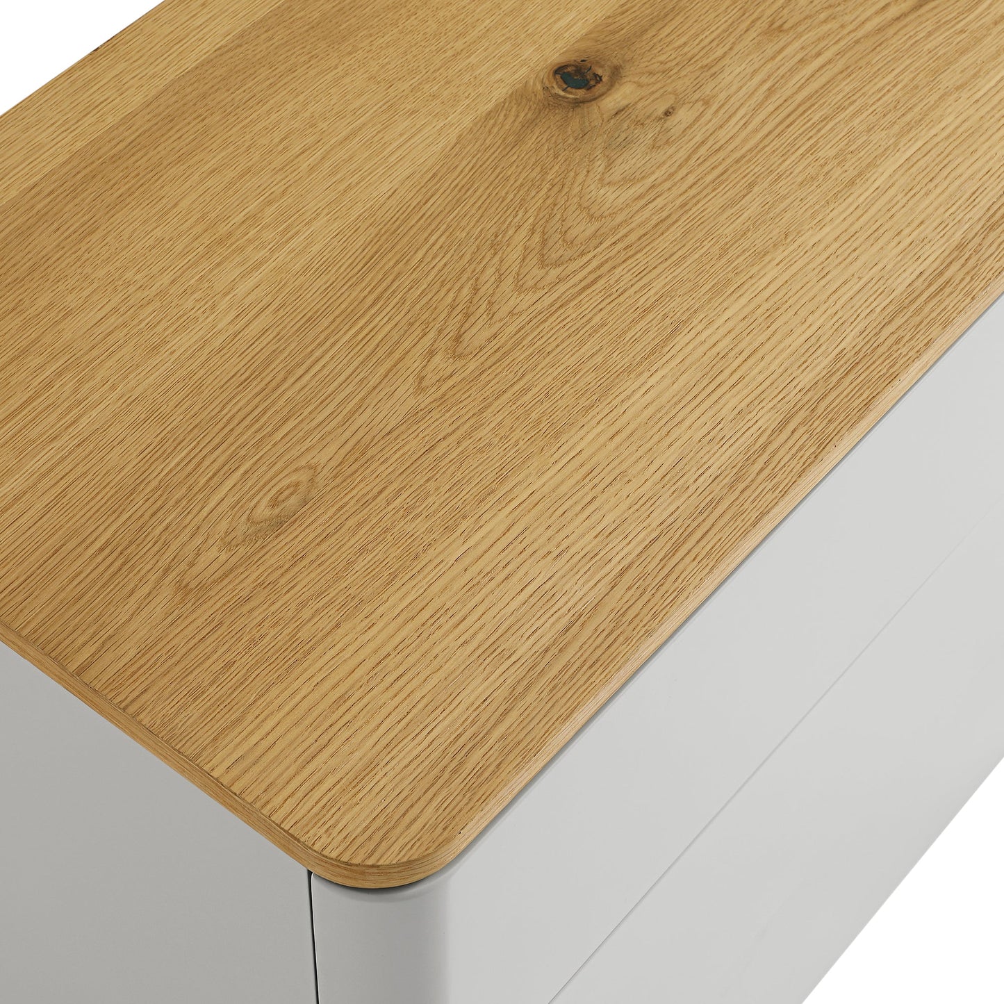 Commode 3 tiroirs à bords incurvés Agnes, gris tourterelle avec plateau en chêne