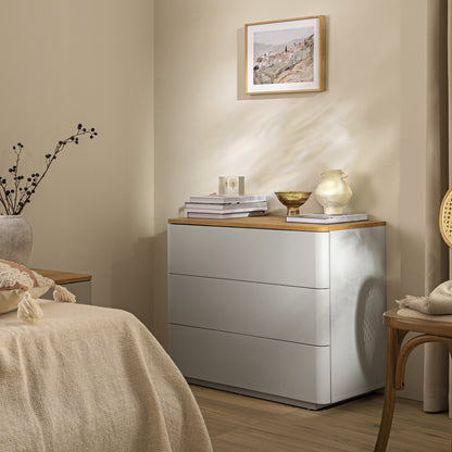 Commode 3 tiroirs à bords incurvés Agnes, gris tourterelle avec plateau en chêne