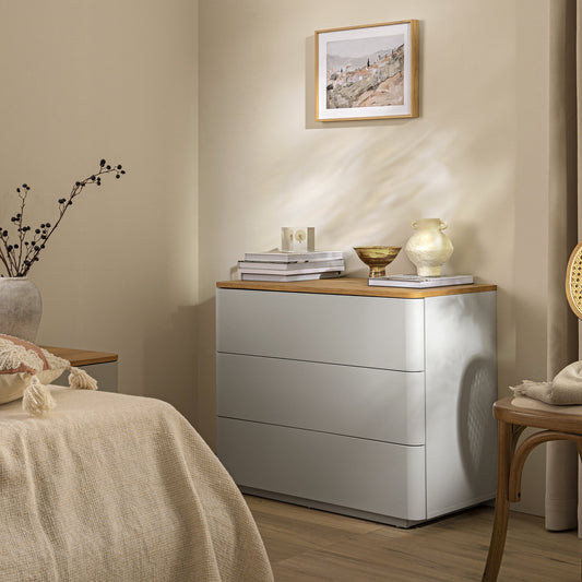 Commode 3 tiroirs à bords incurvés Agnes, gris tourterelle avec plateau en chêne