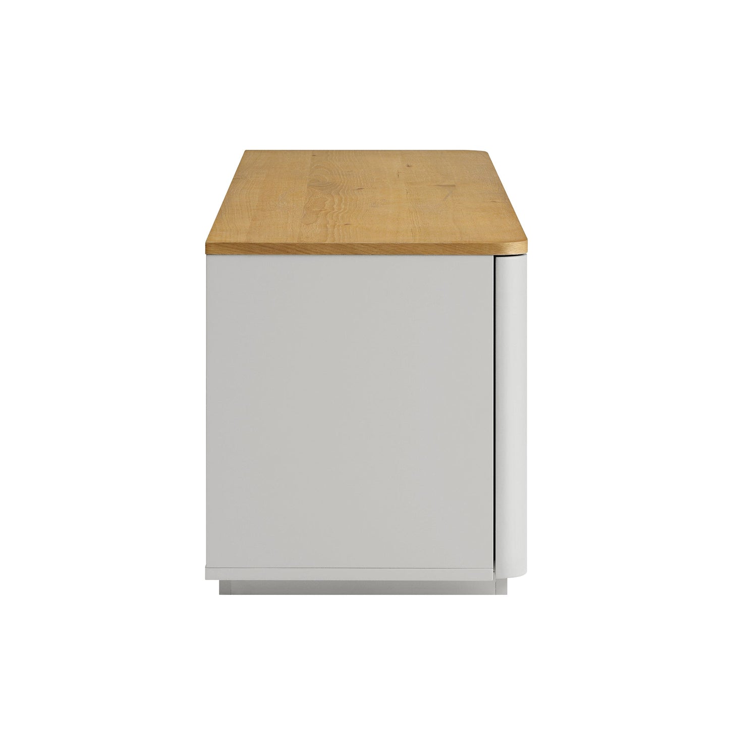 Meuble TV Agnes à bords incurvés, 150 cm de large, gris tourterelle avec plateau en chêne