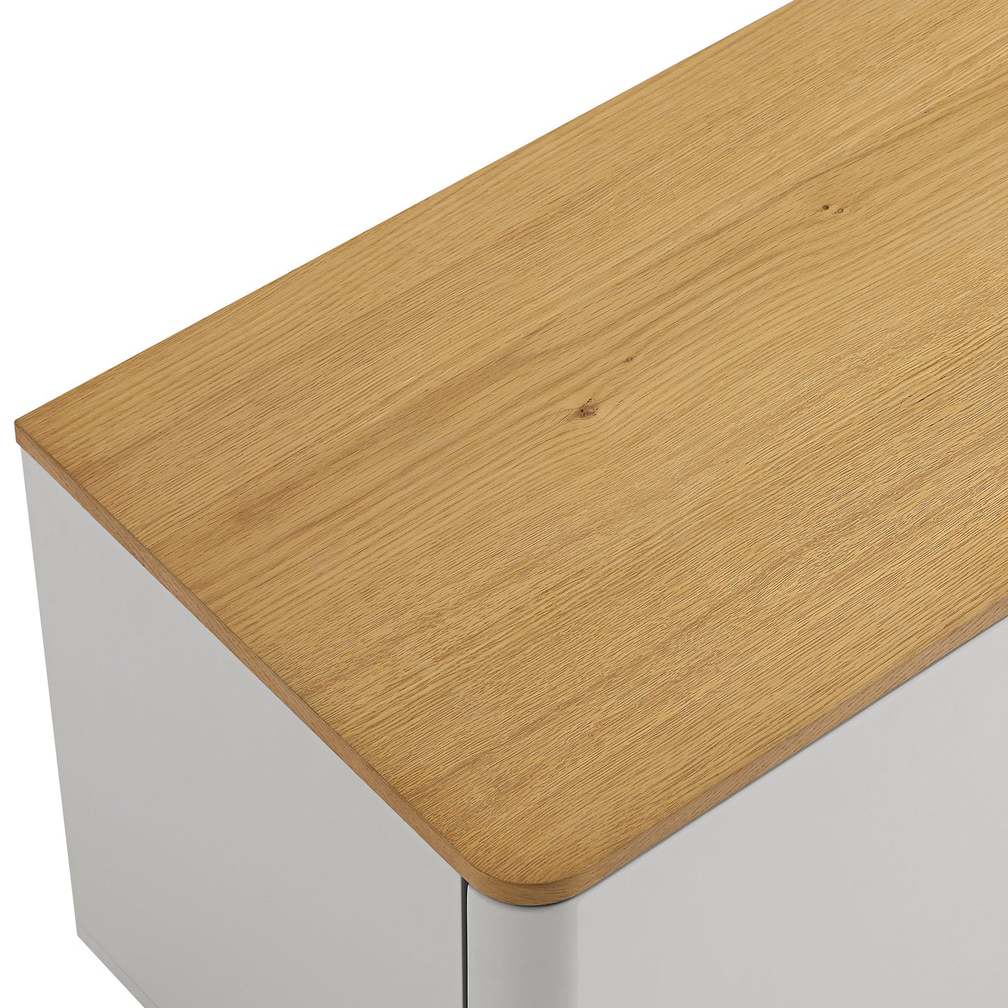 Meuble TV Agnes à bords incurvés, 150 cm de large, gris tourterelle avec plateau en chêne