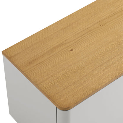 Meuble TV Agnes à bords incurvés, 150 cm de large, gris tourterelle avec plateau en chêne