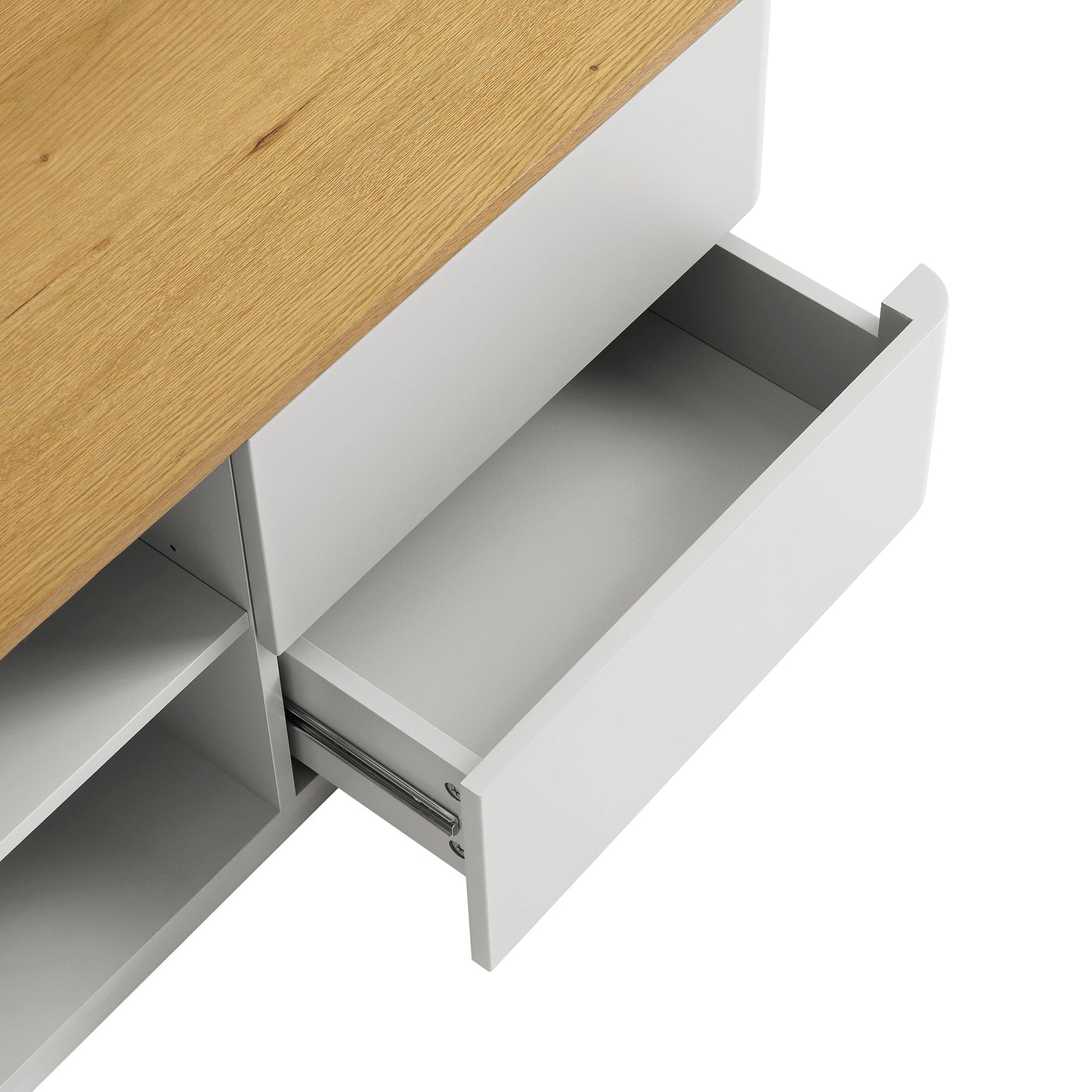 Meuble TV Agnes à bords incurvés, 150 cm de large, gris tourterelle avec plateau en chêne