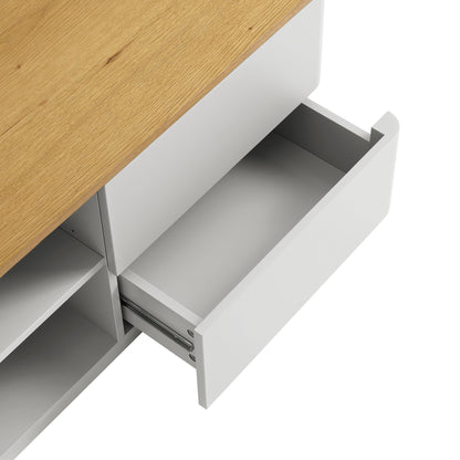 Meuble TV Agnes à bords incurvés, 150 cm de large, gris tourterelle avec plateau en chêne