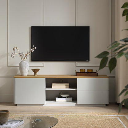 Meuble TV Agnes à bords incurvés, 150 cm de large, gris tourterelle avec plateau en chêne