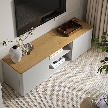 Meuble TV Agnes à bords incurvés, 150 cm de large, gris tourterelle avec plateau en chêne