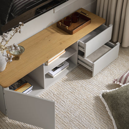 Meuble TV Agnes à bords incurvés, 150 cm de large, gris tourterelle avec plateau en chêne