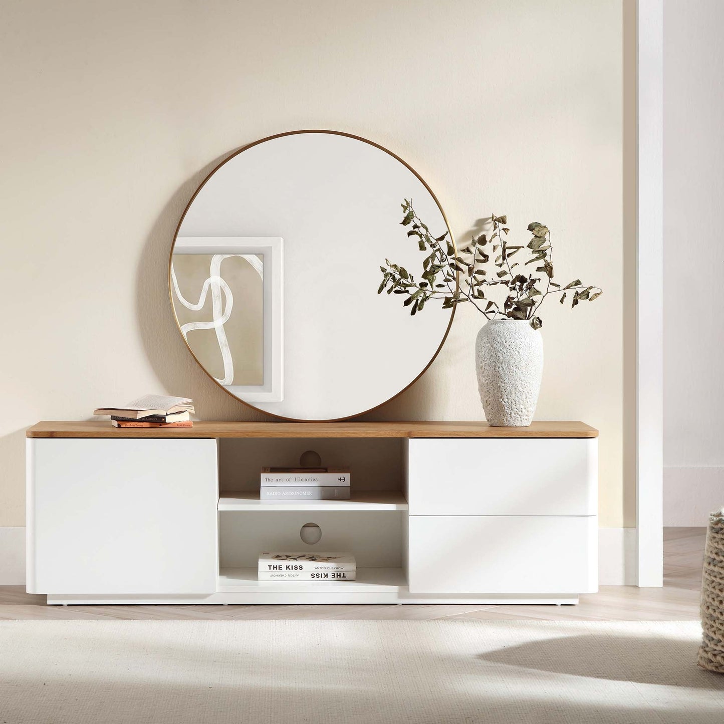 Meuble TV Agnes à bords incurvés, 150 cm de large, blanc