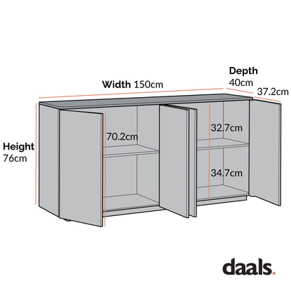 Buffet Agnes à bords incurvés, 150 cm de large, gris tourterelle avec plateau en chêne